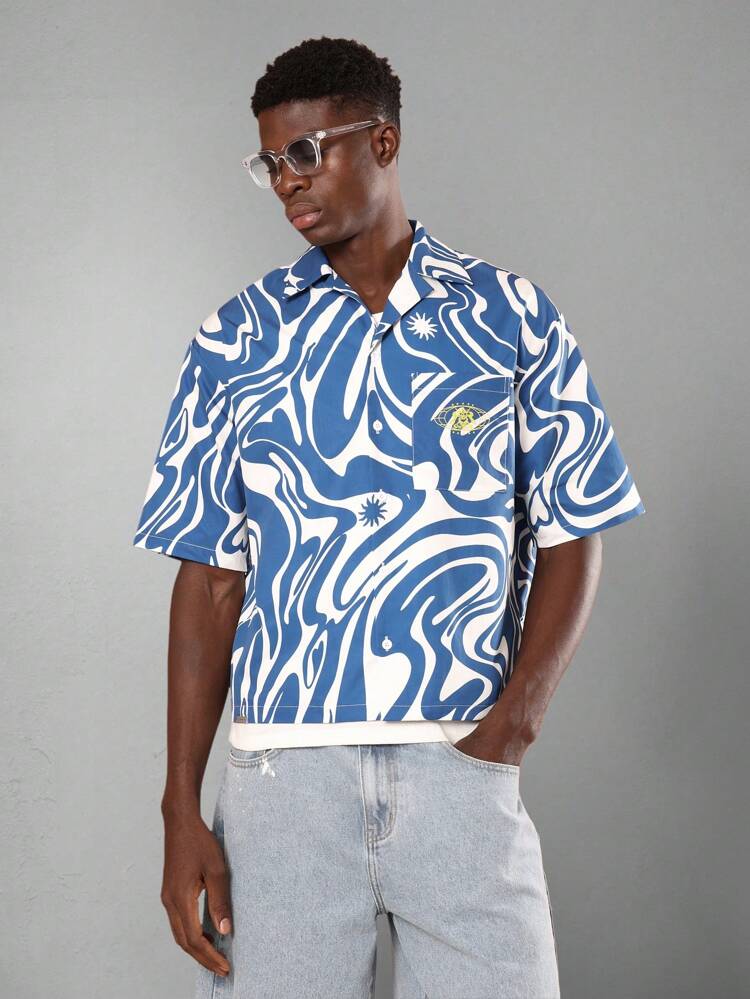 Boxy Fit Button Up Shirt With Abstract Wave Pattern