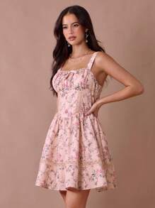 Enchnt 夏/秋浪漫女士淡粉色花卉印花褶皱胸围蝴蝶结系带可爱公主迷你连衣裙 - 彩色 - 查看 6