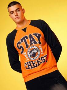 Cheetos X SHEIN Men's Color Block Letter Graphic Crew Neck Long Sleeve Pullover Sweatshirt - Orange - View 1