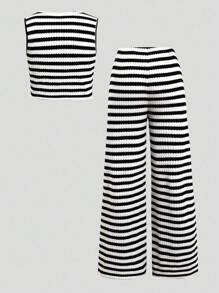 SHEIN 青少年女孩基本款纹理针织圆领无袖上衣和裤子两件套 - 黑與白 - 查看 11