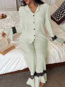 SHEIN Women Contrast Lace Long Sleeve Top & Pants Two Piece Sleepwear Pajama Set, Fall Winter Clothes - Green - View 3