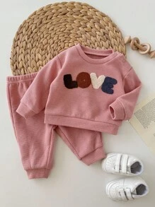 SHEIN Bộ 2 món áo nỉ in chữ và quần nỉ cho bé gái sơ sinh - Hồng - Xem 8