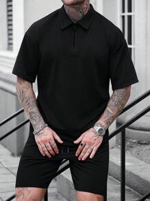 Manfinity LEGND 男士休闲半拉链铆钉短袖 POLO 衫套装 - 黑色 - 查看 3