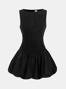 SHEIN Girlism 青少年女孩休闲时尚百搭平纹梭织修身无袖拼布泡泡下摆连衣裙，适合周末休闲外出