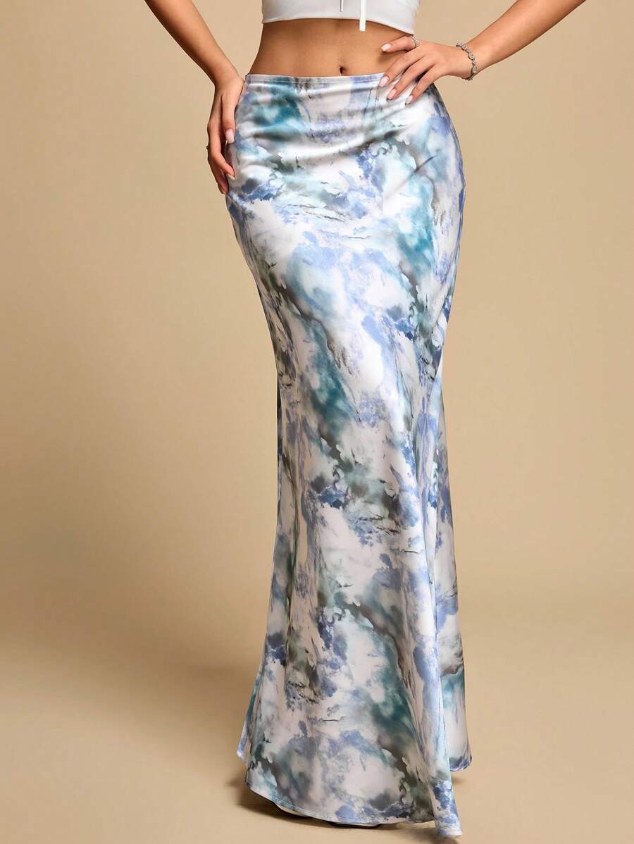 Glamine 优雅百搭A字裙，缎面印花裙，夏季连衣裙，修身时尚裙 - 藍色 - 查看 1