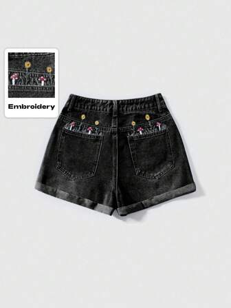 Fairycore Lässige Mädchen Cute Pilz & Sonnenblumen Stickerei Denim A-Linie Shorts mit umgeschlagenem Saum