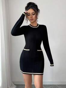Elenzga 女式优雅撞色修身针织连衣裙 - 黑色 - 查看 3