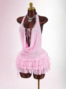 Amplova Sexy Plunging Neck Layered Women Mini Dress - Pink - View 8