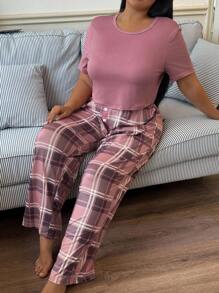 SHEIN 女士加大码格子印花吊带背心和长裤睡衣套装 - 藕粉色 - 查看 3