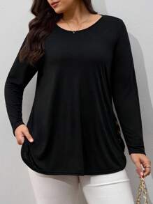 SHEIN Clasi Plus Size Solid Color Button Detail Curved Hem T-Shirt Fall - Black - View 3