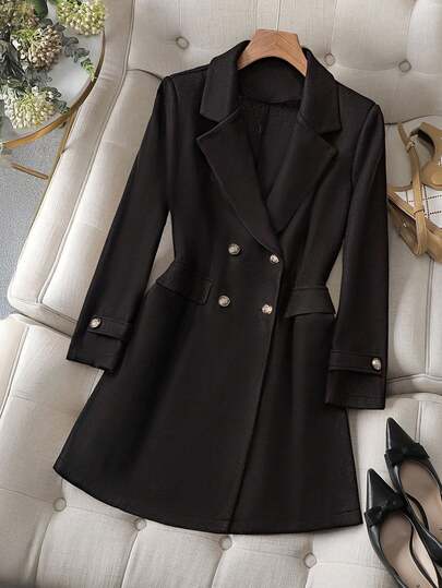 GlowEve CURVE Plus Size Mid-Length Elegant Professional Jacket Coat, Metal Buttons, Suitable For Work Commute, Casual, Retro Style Overcoat Fall Winter Cloth For Women Autumn