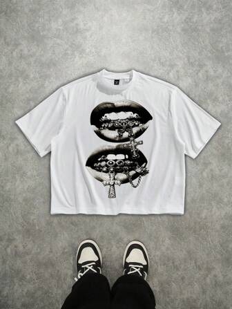 Manfinity EMRG Herren lässiges Vintage T-Shirt mit Kreuz- und Lippen-Grafik im Streetstyle