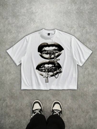 Manfinity Roughcore Men's Loose Vintage Cross And Lips Graphic Street Style T-Shirt