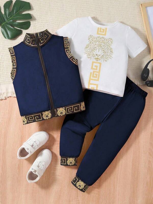SHEIN Conjunto de 3 peças de colete com zíper e blusa de manga curta para meninos, moda verão para escapadelas, férias, viagens, relaxamento e banhos de sol
