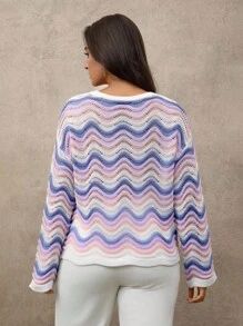 Juhart Plus Size Women Casual Wave Pattern Drop Shoulder Loose Hollow Out Knit Sweater, Autumn Knit Pullover Fall Winter - Purple - View 2