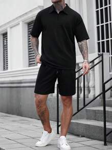 Manfinity LEGND 男士休闲半拉链铆钉短袖 POLO 衫套装 - 黑色 - 查看 4
