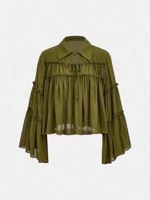 Arave Women's Elegant Ruffle Green Chiffon Crinkled Elegant Flowy Women Blouse,Vacation Outfits Woman Fall Women Clothes Fall Outfits Women Fall Autumn Clothes - Army Green - View 3