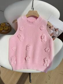Comfortcana Fall Clothes For Women,WinterPlus Size Casual Solid Color 3D Floral Decor Sleeveless Knit Top - Pink - View 6