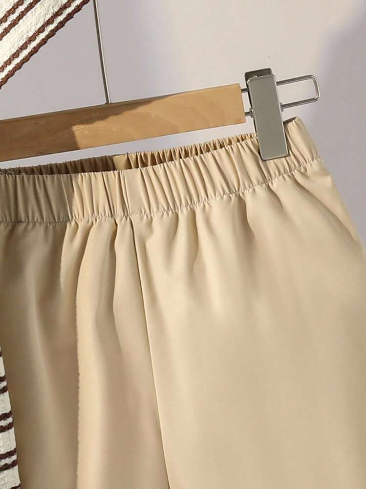 SHEIN Vacaura 2 件套青少年男童休闲条纹华夫格 Polo 衫和短裤套装，卡其色时尚服装，适合夏季日常穿着和活动 - 彩色 - 查看 5