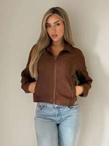 SHEIN ICON Loose Casual Rivet Decor Women Jacket In Fall/Winter - Brown - View 5