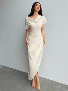 Aloruh Women's Spring/Summer Wrap Draped Neck Ruched Long Dress, Suitable For Commuting, Casual, And Outgoing - Apricot - View 1