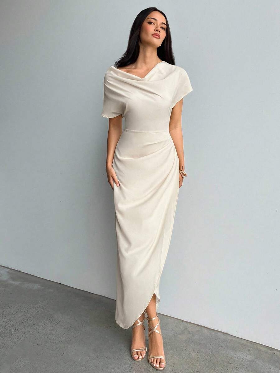 Aloruh Women's Spring/Summer Wrap Draped Neck Ruched Long Dress, Suitable For Commuting, Casual, And Outgoing - Apricot - View 1