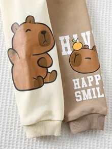 Cozy Pixies Bộ 2 áo nỉ phong cách hoạt hình thường ngày cho bé trai có họa tiết chữ và miếng vá màu tương phản, kết hợp với quần bo gấu màu tương phản, cạp chun, thu/đông - Nhiều màu - Xem 10