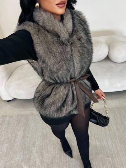 SHEIN SXY Elegant Stylish Versatile Sleeveless Belt Decor Faux Fur Coats For Women,Winter Business Casual Faux Fur Coat