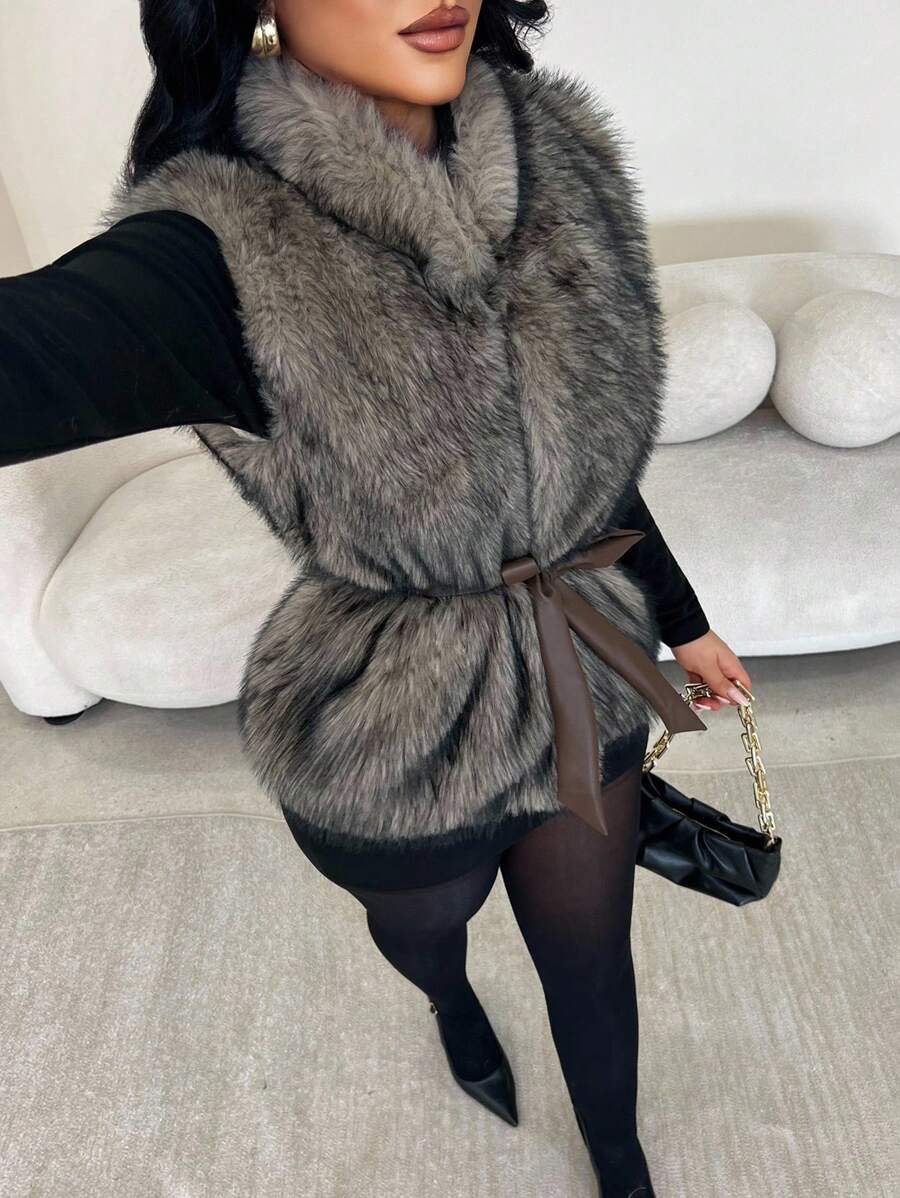 SHEIN SXY 优雅时尚百搭无袖腰带装饰女士人造皮草大衣，冬季商务休闲人造皮草大衣 - 彩色 - 查看 1