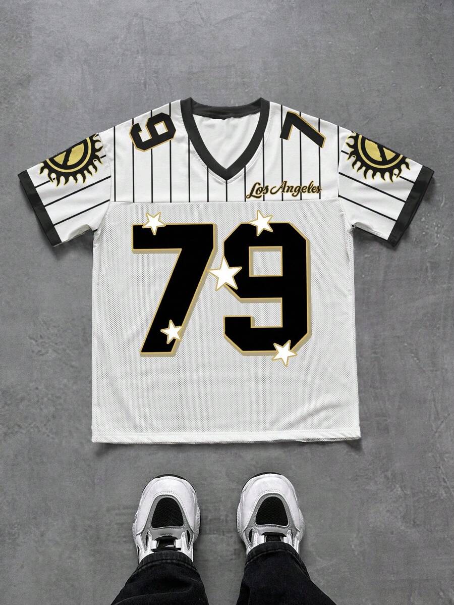 Manfinity Dauomo 男士夏季休闲街头运动数字条纹印花 V 领短袖针织 T 恤 - 彩色 - 查看 1