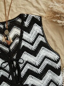 Travachic Black & White Striped Print Knotted V-Neck Casual Knit Vest,Casual & Fashion,Fall Women Clothes,Autumn Clothes,Fall Outfits Women,Minimalist, Old Money, Simple, Women's Tie Front Belt Knitwear Sweater Vest, Can Be Worn Over A T-Shirt - Black and White - View 3