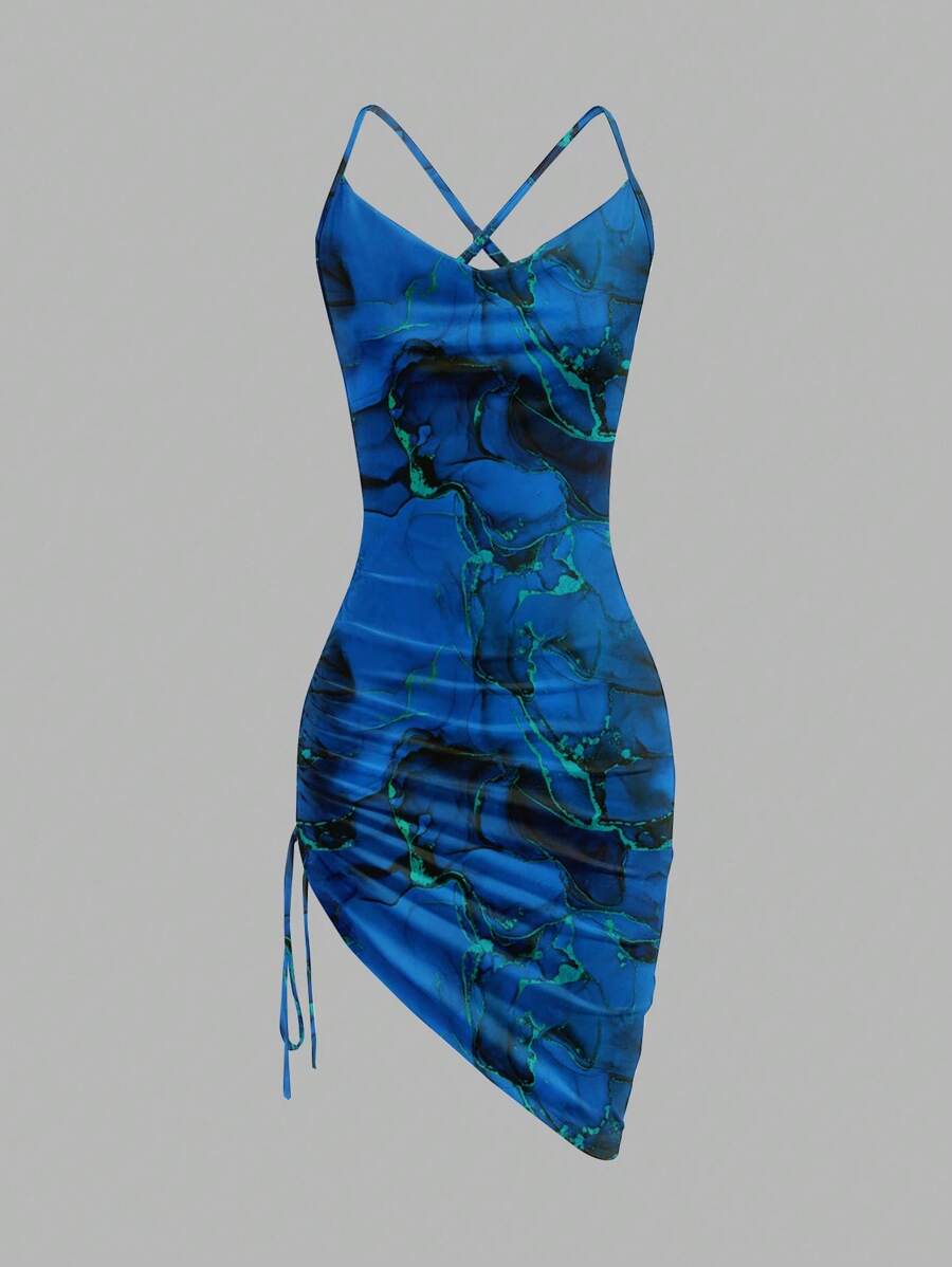 Firerie Đầm suông mini bó sát in họa tiết tie dye màu xanh thanh lịch dành cho nữ, thích hợp cho kỳ nghỉ, buổi hẹn hò thanh lịch, lễ hội âm nhạc - Nhiều màu - Xem 1