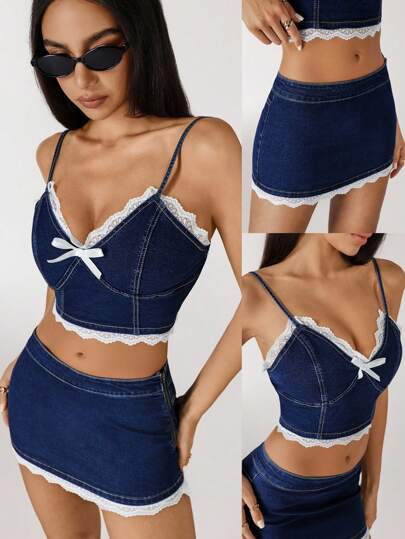 Jeanoix Sexy Lace Trim Distressed Denim Mini Skirt