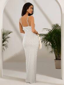 SHEIN SXY Women's Casual White Polka Dot Slip Dress, Comfortable Home Dress Polka Dot Dress White Polka Dot Dress Long Polka Dot Dress Summer Dress Bodycon Dress - Multicolor - View 7