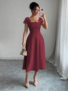 Elenzga 女式法式优雅通勤办公室休闲假日下午茶派对方领胸口收腰喇叭下摆短袖连衣裙，春夏 - 紫紅色 - 查看 1