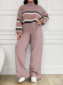 EURMUSE Women's Geometric Pattern High Neck Sweater 2pcs/Set - Dusty Pink - View 1