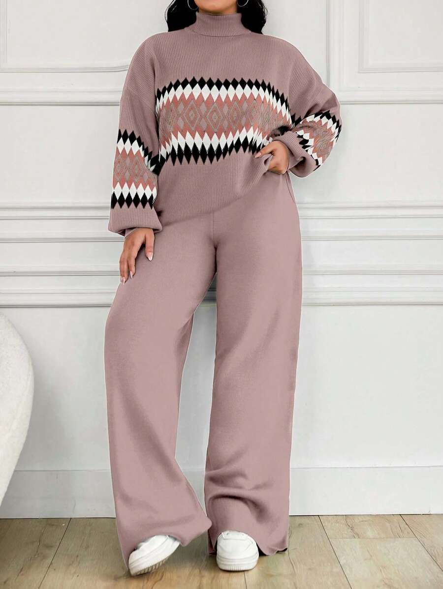 EURMUSE Women's Geometric Pattern High Neck Sweater 2pcs/Set - Dusty Pink - View 1
