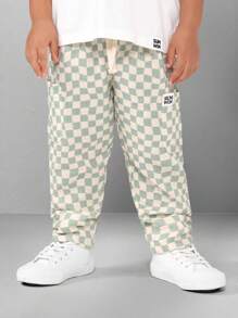 SUMWON 男童棋盘格纹套头运动裤，纯棉材质，春秋季休闲抽绳宽松舒适运动裤，弹性裤脚，街头风度假款 - 綠色 - 查看 4