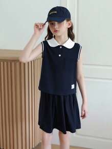 Completo casual e sportivo da ragazza preadolescente, composto da polo smanicata con contrasto di colori e gonna con stampa a ombrello, set di t-shirt versatile per uso quotidiano - Blu Navy - Visualizzare 2