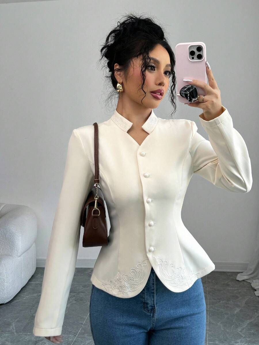 Selianne Women's French Elegant Long Sleeve Embroidered Stand Collar Button Decor Blouse, Spring/Autumn Women Shirt Fall Cloth For Women