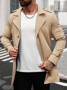 Manfinity Homme Áo khoác trench coat nam cổ ve đơn hàng khuy đơn, hở phía trước, màu trơn, phong cách mùa thu, Old Money - Màu Khaki - Xem 6