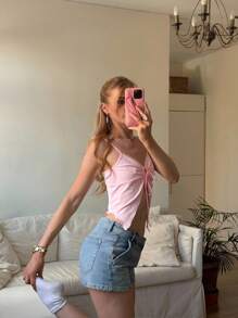 CovetEZ Women's Baby Pink Summer Elegant Y2k Night Out Butterfly Embroidery Backless Camisole Top,Ring Drawstring Asymmetrical Split Hem Perspective - Pink - View 4
