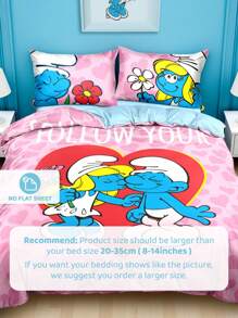 SHEIN X The Smurfs Juego de 3 piezas de Funda Nórdica con Estampado de Corazones, de Tela Suave y Cálida, Funda Nórdica Rosa, Apta para Cama Individual/Doble/Queen/King - Rosa - Ver 5