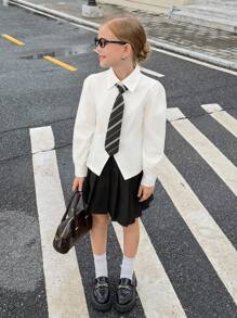 青少年女孩纯色优雅长袖开叉衬衫 - 棕色 - 查看 3