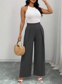 SHEIN Clasi 大码女式商务通勤高腰工字褶直筒裤 - 深灰色 - 查看 1