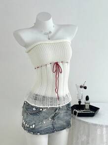 SHEIN Unity Women Holiday Casual Lace-Up Hollow-Out Knitted Halter Top Fall Winter - White - View 5