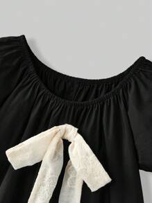 Ontre Tween Girls' Loose Fit Round Neck Bow Decor Casual Dress - Black - View 4