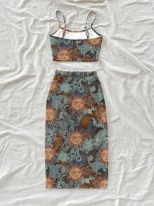 Soleia Conjunto de 2 piezas con estilo vintage, estampado de paisley con dios del sol rojo, sexy estilo Y2K bohemio para vacaciones y festivales de música de verano para mujeres