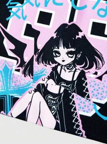 ROMWE Anime 1 件女士黑色 Y2K Chic Girl 装饰十字架、星星、心形、数字和翅膀印花单肩包，适合日常通勤 - 黑色 - 查看 3