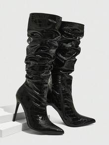 CUCCOO SZL 女士时尚性感尖头细高跟一脚蹬中筒靴，黑色 - 黑色 - 查看 10